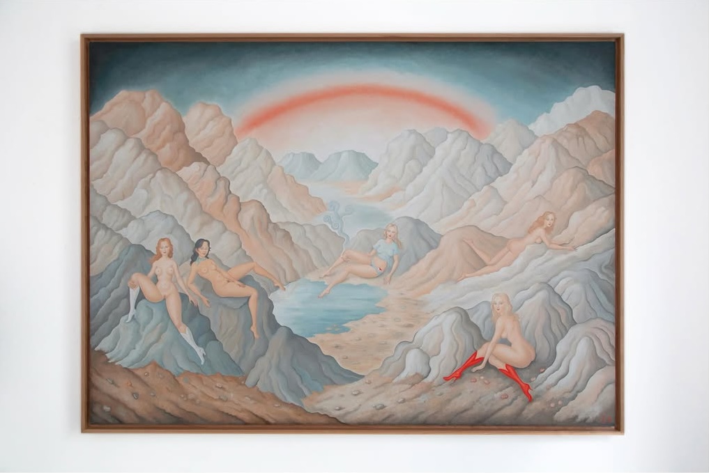 A photo of a painting of a landscape with pastel tones, and naked ladies reclining on the desert hills. 