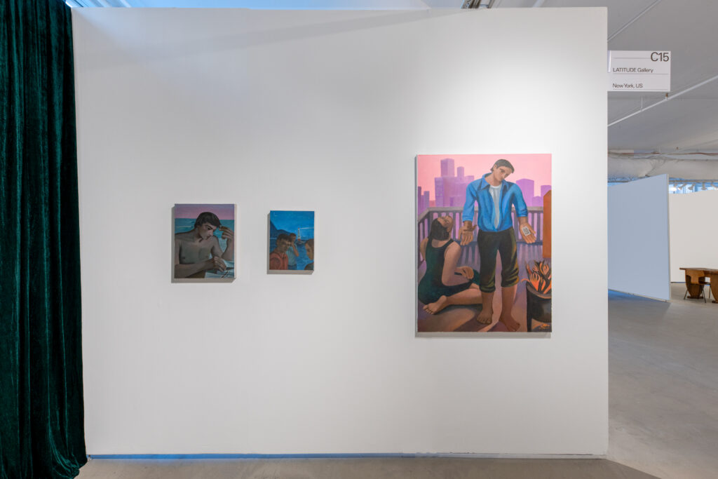 A photo of three figurative paintings hanging on a white wall. 