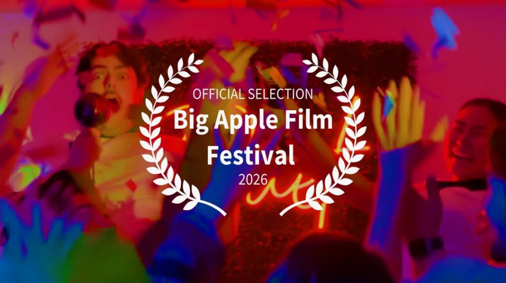 A colorful film still overlaid with a film festival laurels graphic. 