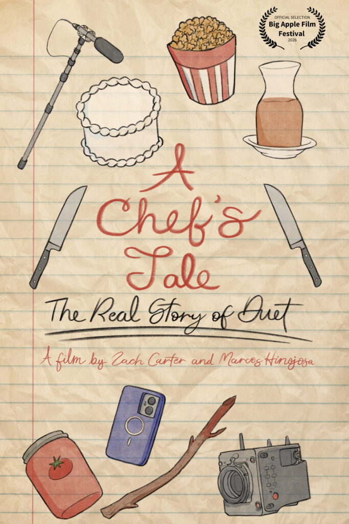 A hand-drawn poster for the move A Chef’s Tale: The Real Story of Duet, with illustrations of knives, food, cameras, and other references to the movie on crumbled looseleaf. 