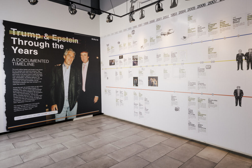 A photo of an exhibition of a timeline of Jeffrey Epstein and Donald Trump's friendship, and the different allegations of sexual harassment and assault against both men, and Epstein's known sex trafficking operations. 