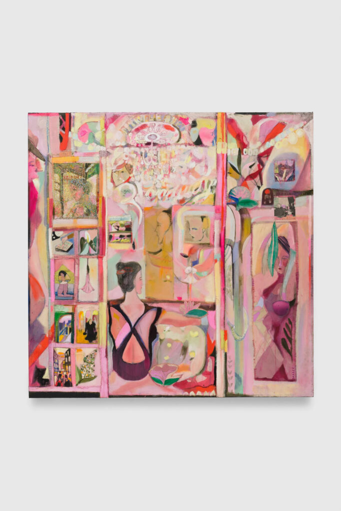 A photo of a large painting in shades of pink with female figures and hand-stitched elements.
