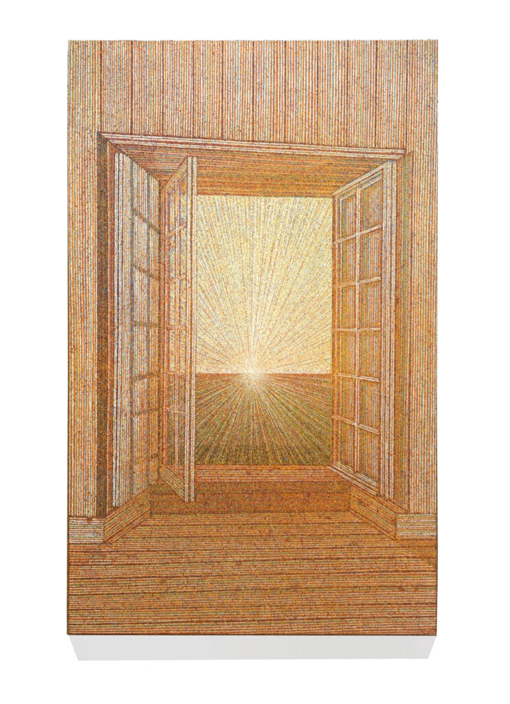 A photo of a pointillist-style painting of sunlight streaming through an open window at sunrise or sunset, rendered in yellow and orange tones. 