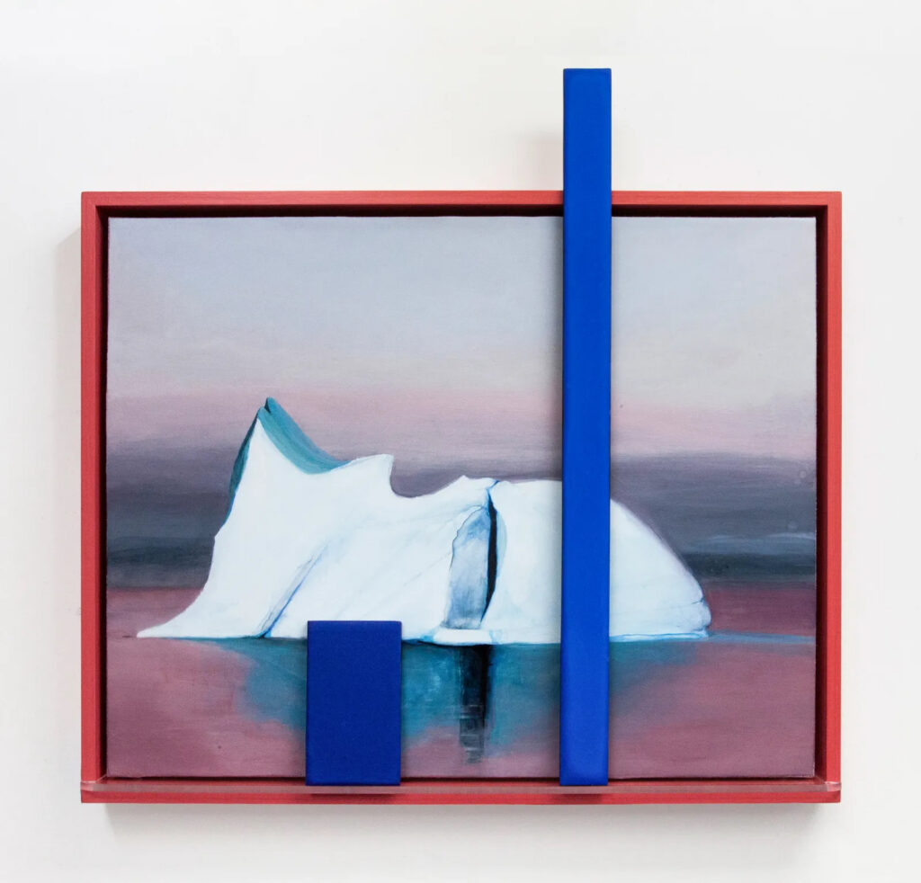 A photo of a semi-abstract painting of a glacier, with two blue bars affixed to the surface, and a thin pink frame. 