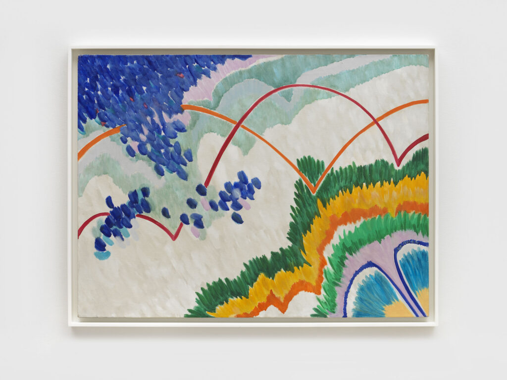 A photo of a colorful abstract painting that vaguely recalls clouds and fireworks.