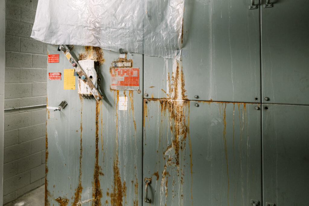 A photo of an old, rusted electric panel, with a clear plastic tarp hanging over the top of it. 
