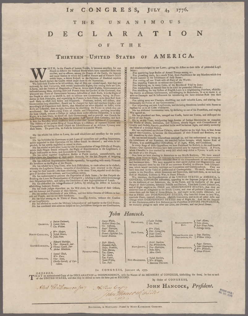 A photo of the Goddard Broadside, the first printing of the Declaration of Independence to feature the names of all the signatories and the first one printed by a woman. 