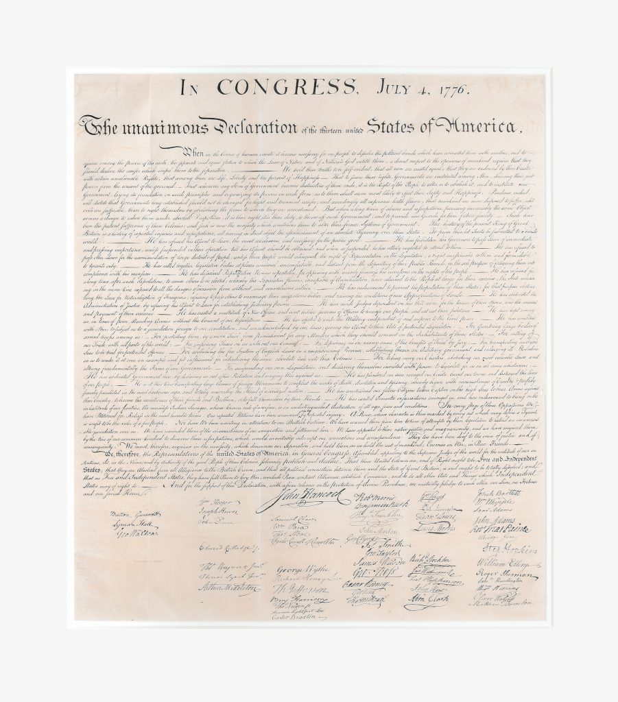 A photo of a reproduction of the signed copy of the Declaration of Independence.