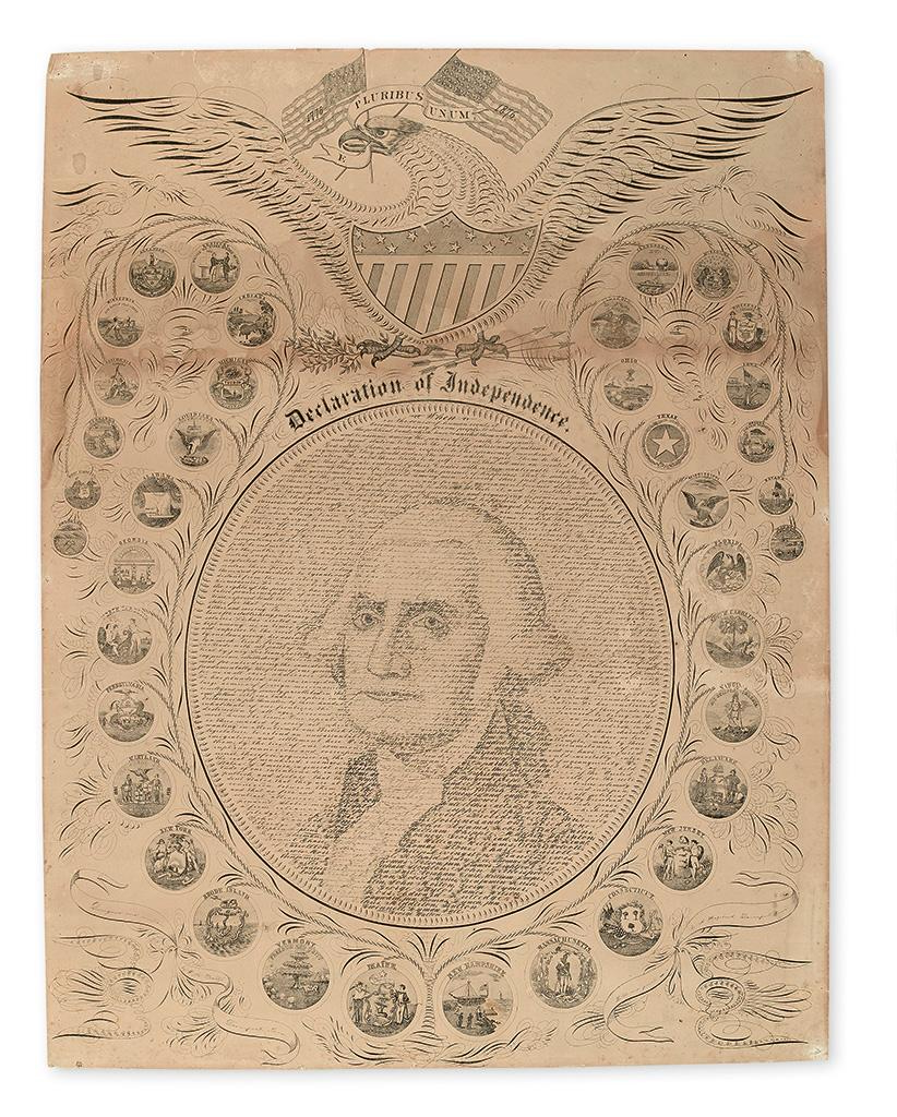 A photo of a 1876 commemorative copy of the Declaration of Independence where the words form a portrait of George Washington. 