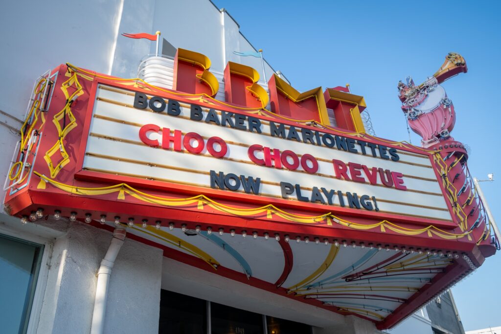A photo of a vintage theater marquee for the Bob Baker Marionette Theater.